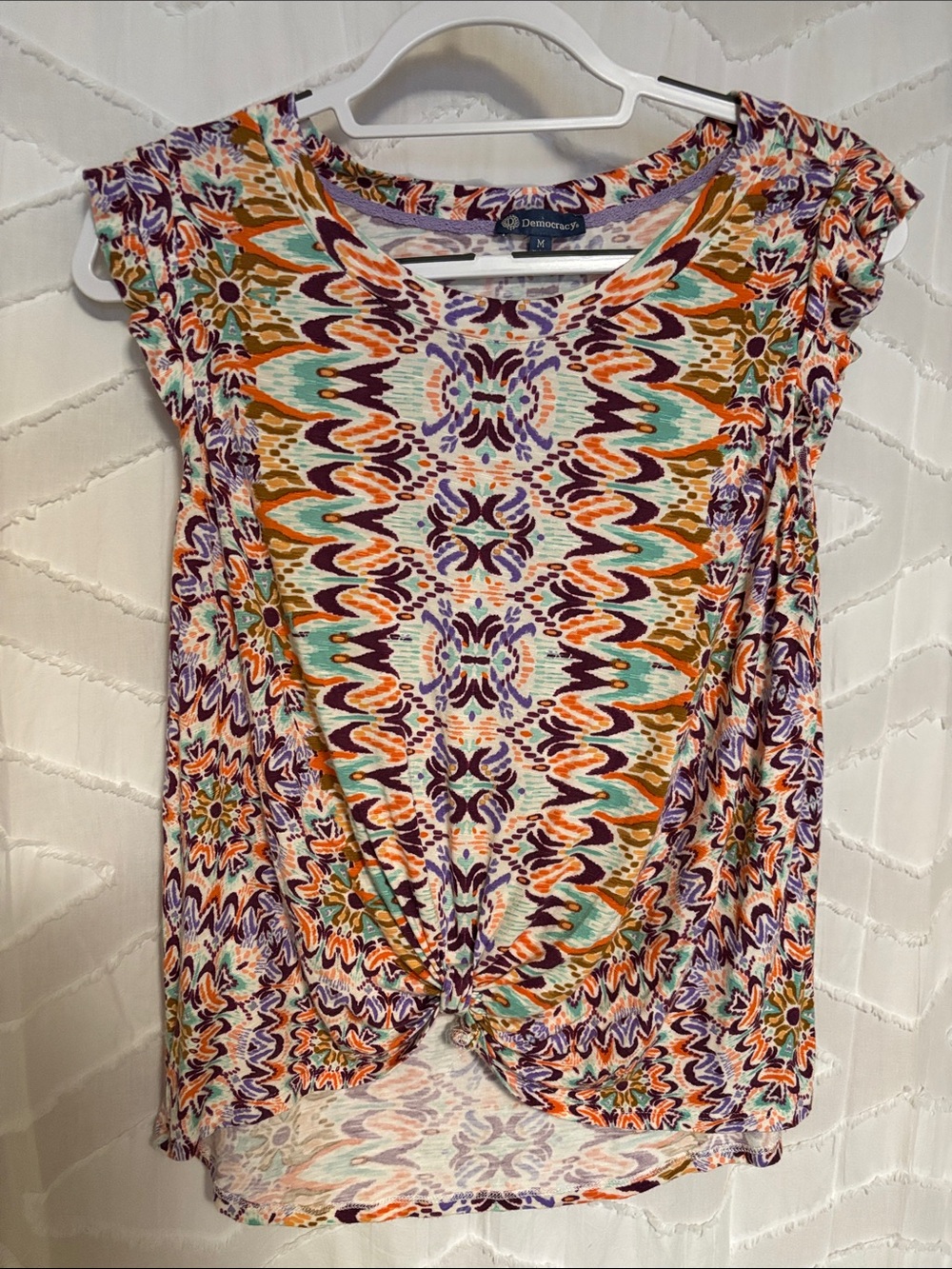 Democracy Printed Twist-Front Cap Sleeve Top in Multicolor
